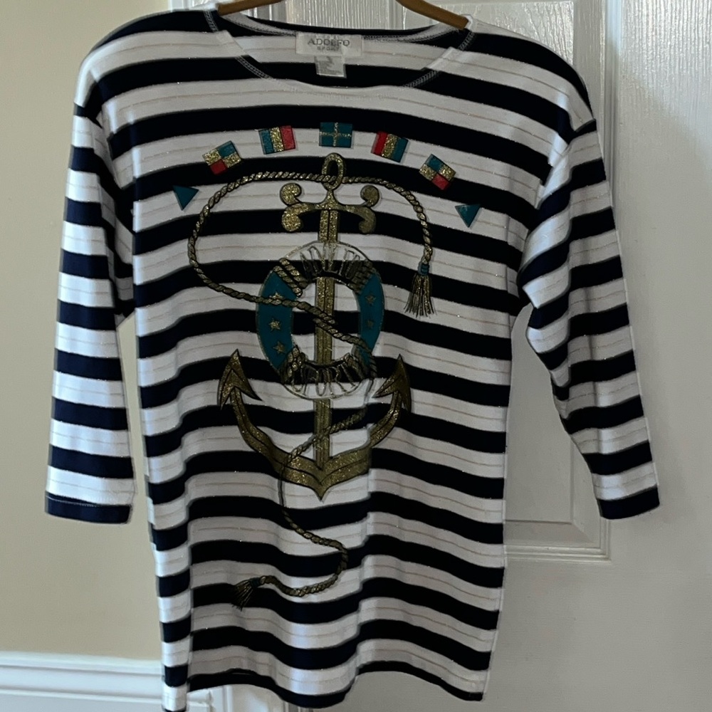 Adolfo blue and white striped nautical theme top